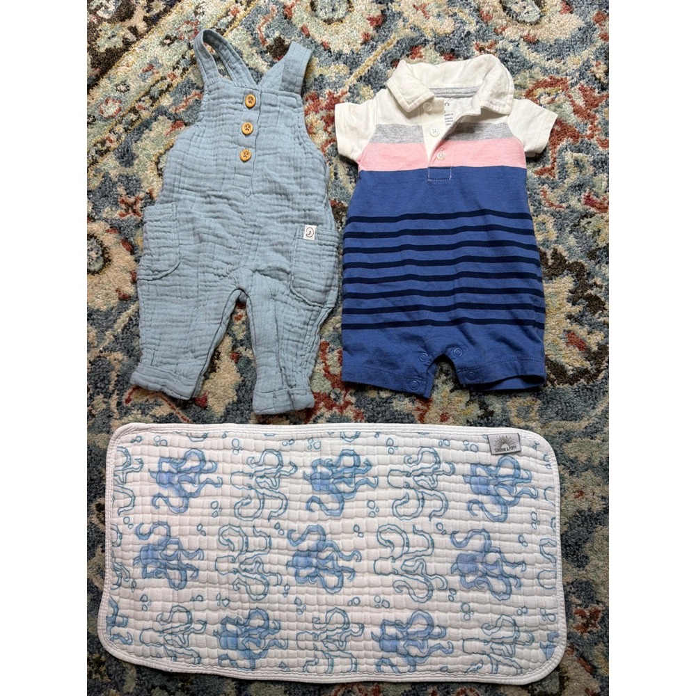 Little‎ Planet Carter's Romper Bundle Boys Newborn Blue Muslin Nautical EUC